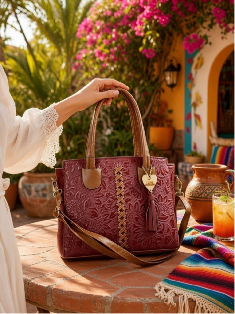 Sunflower Red Wine Brown Cross Stitch Embossed Tooled Artisan LEATHER Purse
